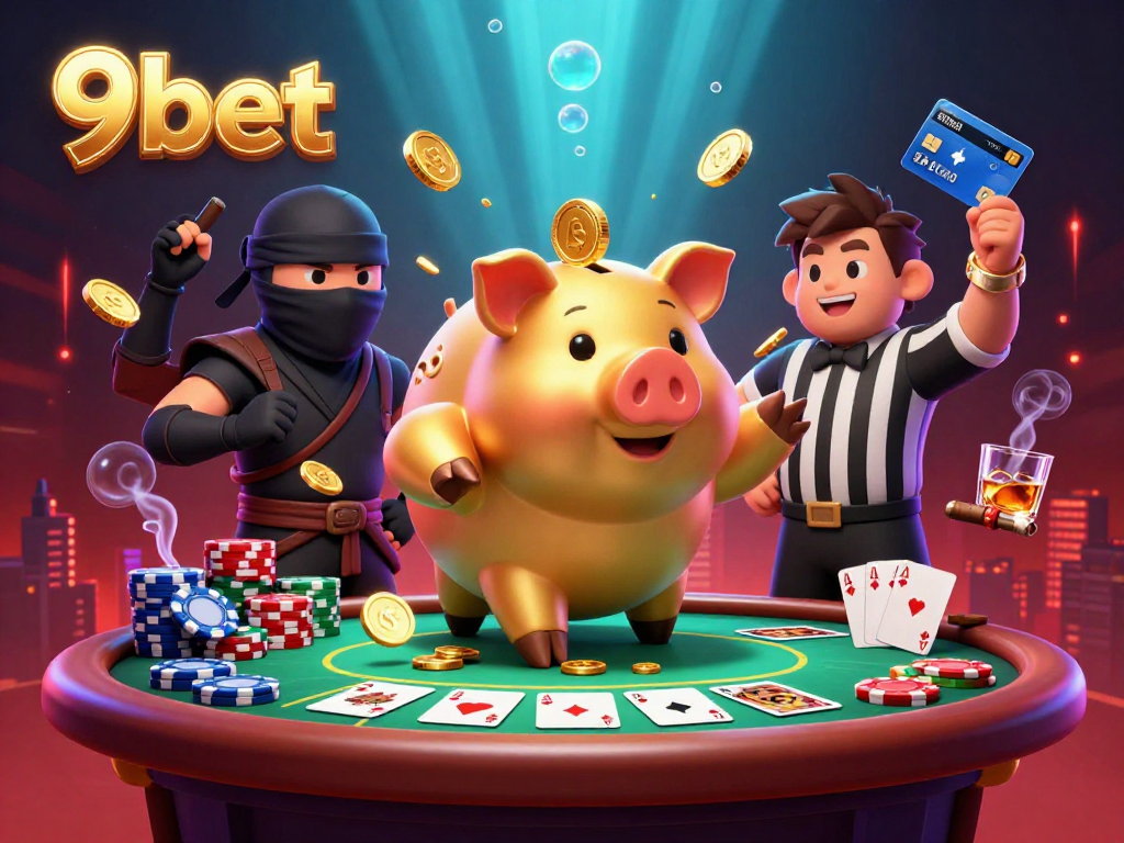 Experience thrilling action at 9bet with a vibrant illustration of a golden piggy bank sumo wrestler.