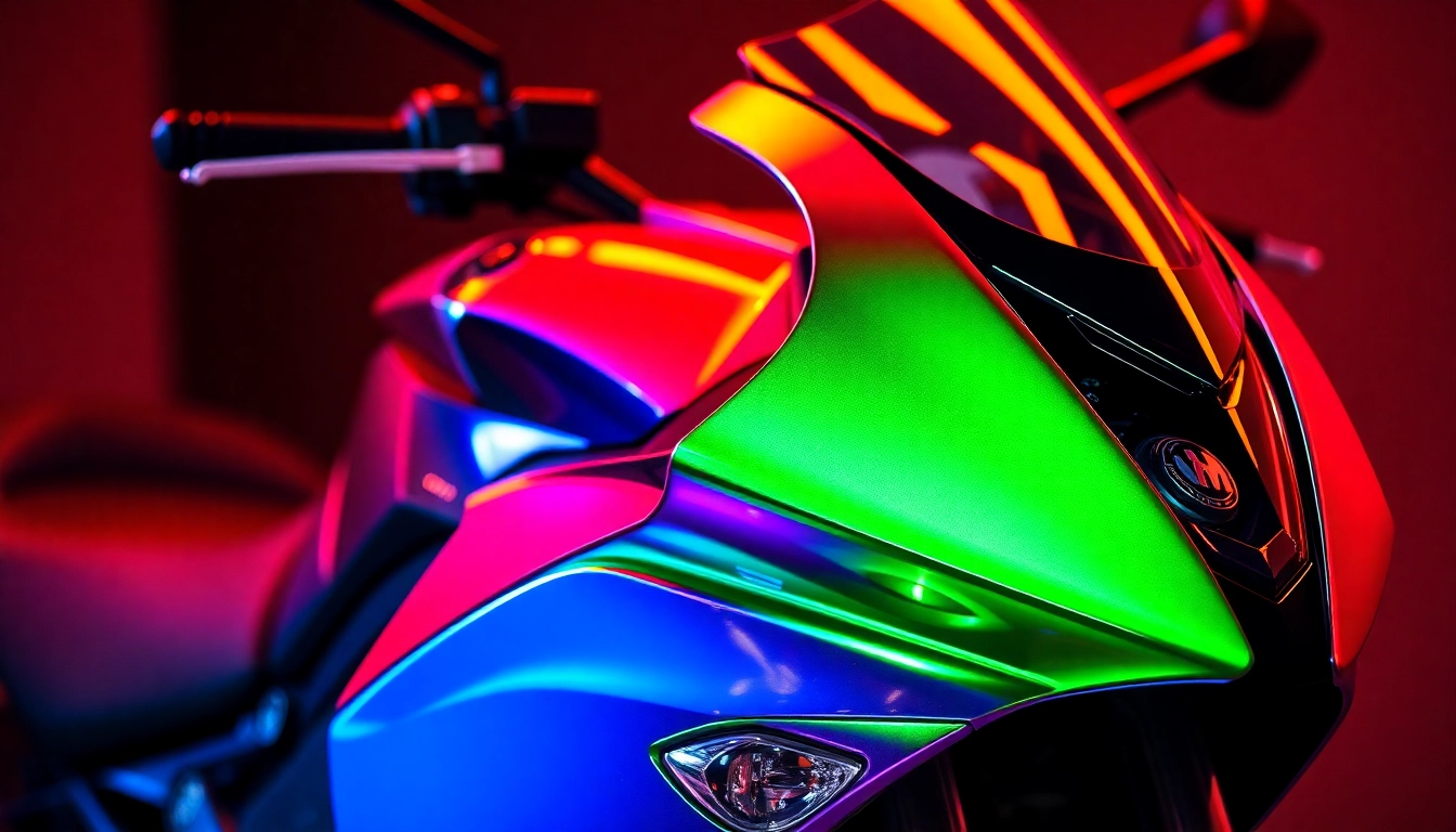 Folierungskosten eines Motorrads: eine hochwertige, glänzende Folie zeigt das Design und schützt das Motorrad.