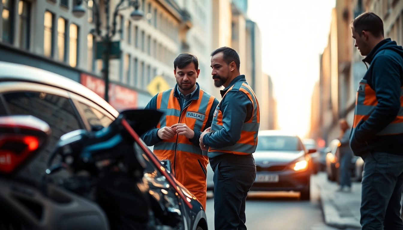Professional Kfz Gutachter in Köln assessing vehicle damage on-site with urban backdrop.
