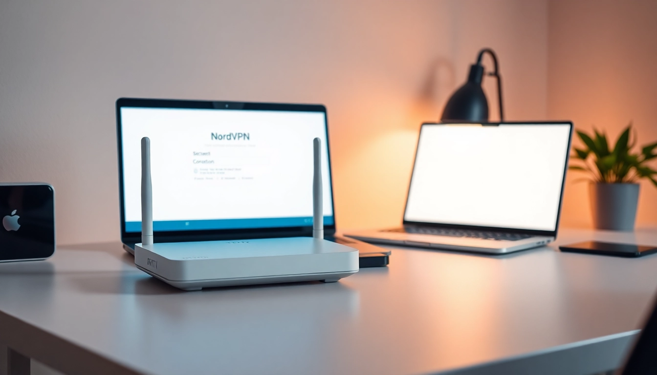 NordVPN setup guide on a FRITZ!Box router in a modern home office.