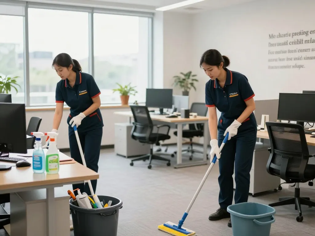 Zuverlässiges Gebäudereinigungsteam in Münster, das aktiv ein modernes Büro reinigt und umweltfreundliche Produkte für eine frische Atmosphäre verwendet.