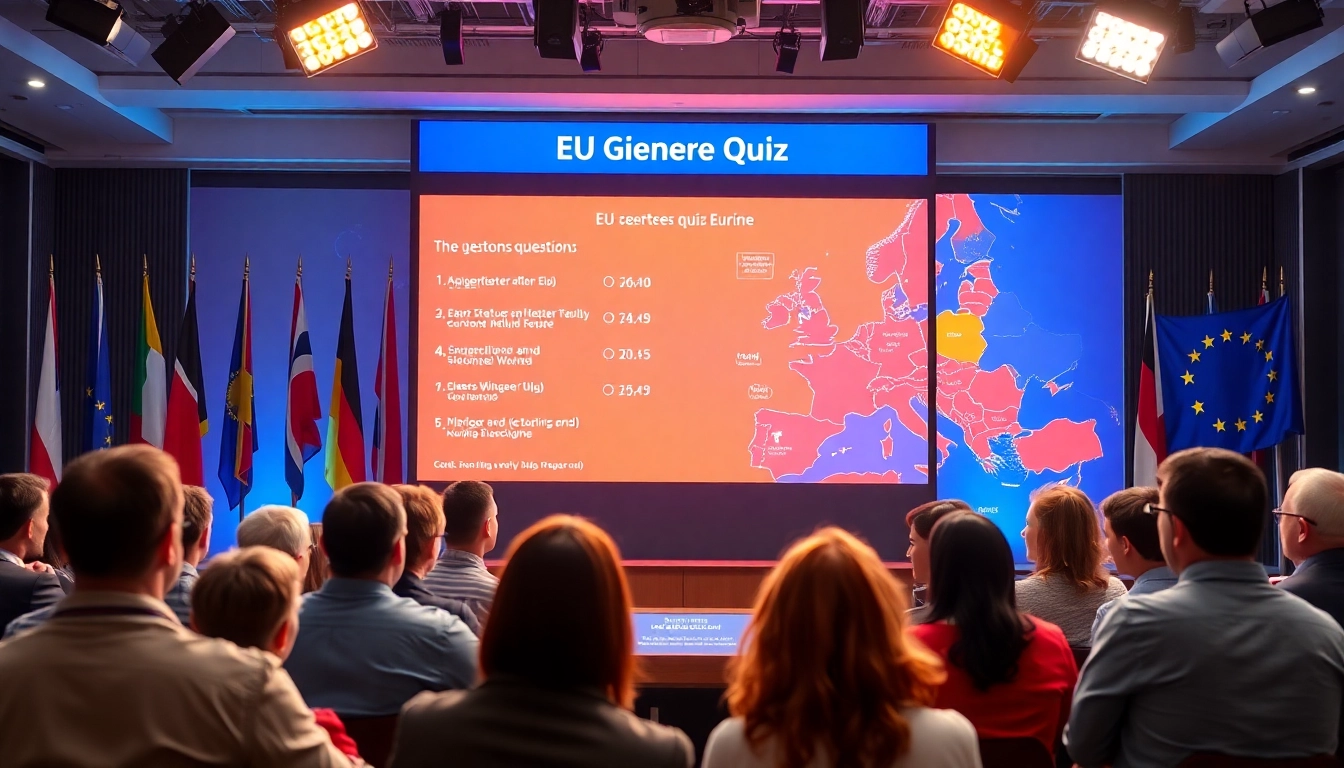 EU Geschichte Quiz interaktiv erleben mit digitalem Bildschirm und Teilnehmern.