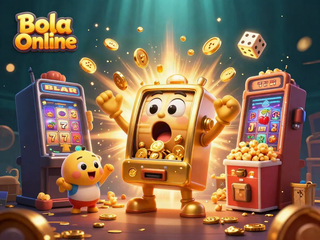 Bola Online's exciting golden slot machine celebrating a jackpot, surrounded by cheering mini slot machines and a popcorn machine.