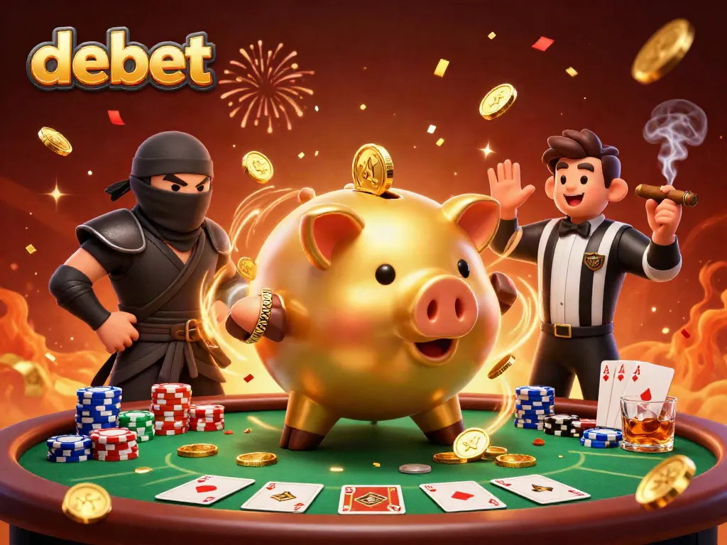 Engage with DEBET's exhilarating gaming experience featuring animated characters in a dynamic poker scene.