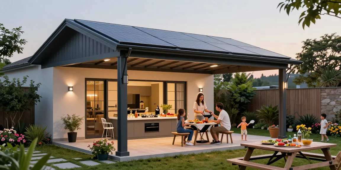 Moderne freistehende Terrassenüberdachung in einem Garten bei einem Familienpicknick.