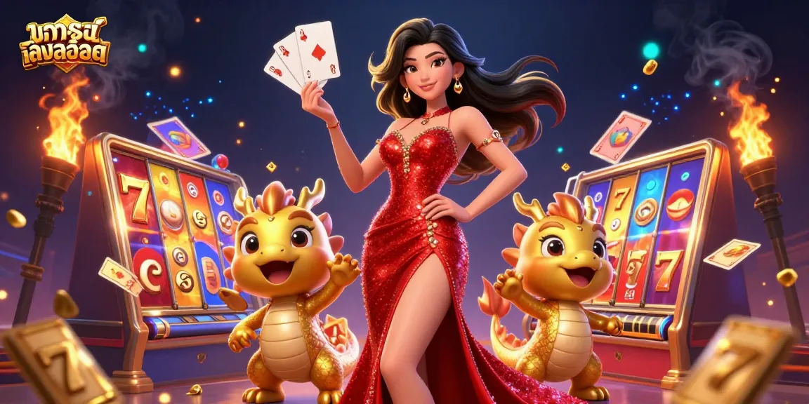 Engage in ทดลองเล่นสล็อต with an elegant Asian woman and a golden dragon mascot, surrounded by vibrant slot reels.