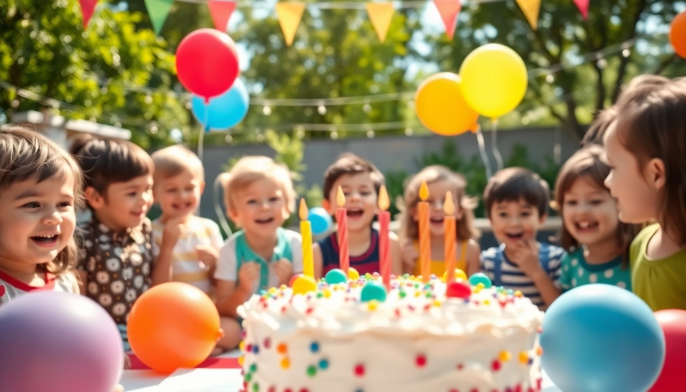 Kindergeburtstag 4 Jahre: Kinder jubeln und genießen Spiele unter bunten Ballons.