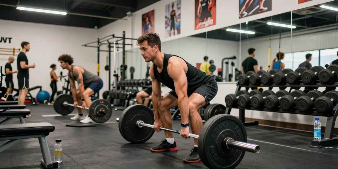 Muscular man lifting weights at Anabolika Shop's fitness gym, dynamic workout atmosphere.