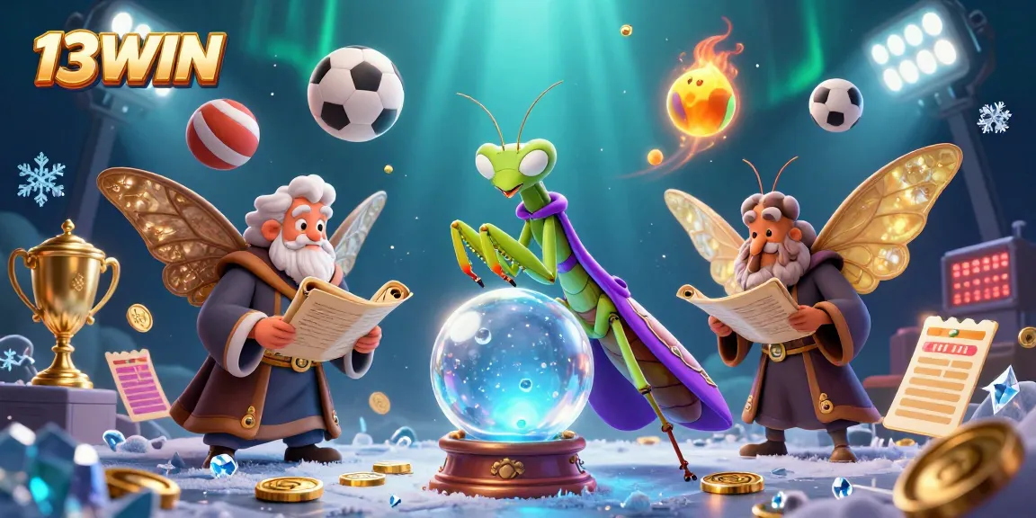 Engage with 13WIN's vibrant casino world, featuring a mystical fortune teller with game symbols and floating oracles.