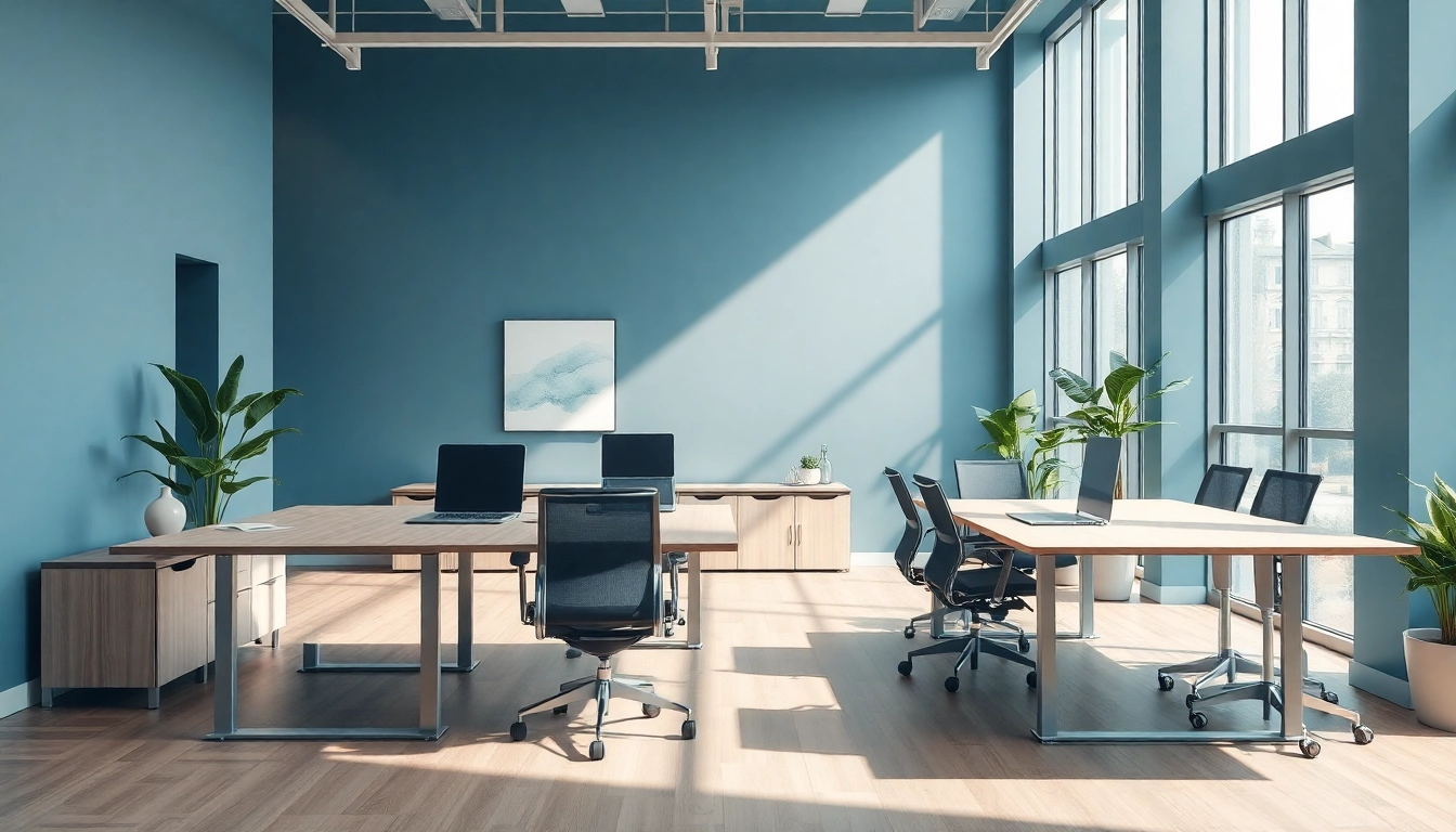 Moderne Büromöbel in einem hellen Büro, höhenverstellbarer Schreibtisch und ergonomischer Stuhl präsentiert zur Förderung von Produktivität.