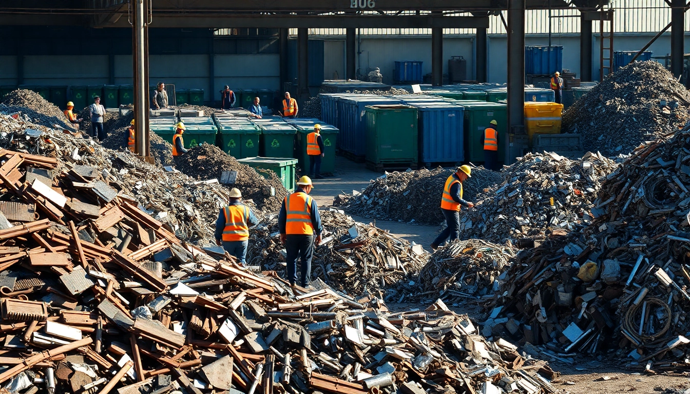 Schrotthandel Wuppertal zeigt einen lebhaften Schrottplatz mit vielfältigen Metallen und Mitarbeitern, die Schrott sortieren.