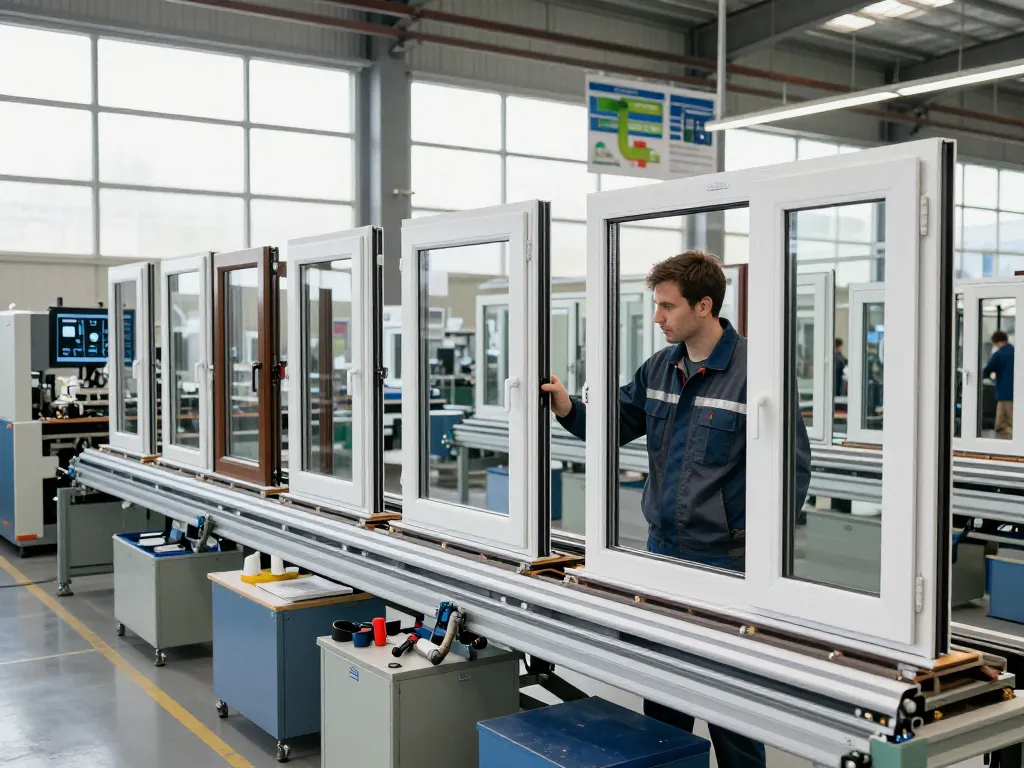 Techniker inspiziert Fensterbau-Fenster in einer modernen Fertigungsanlage