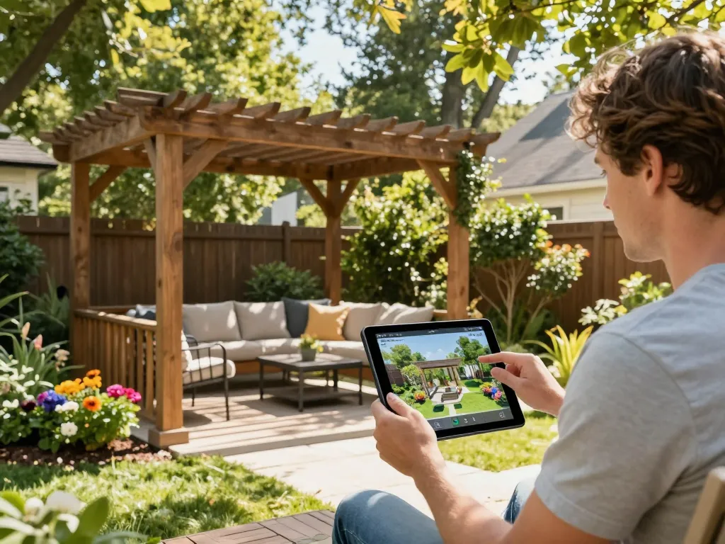 Immersive Pergola 3D Visualisierung in einem lebhaften Garten mit Gartenmöbeln.