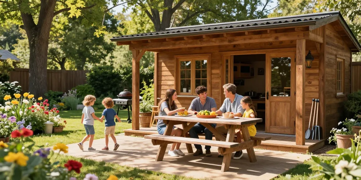 Familie genießt Zeit im Gartenhaus Holz, umgeben von blühenden Pflanzen und gemütlicher Atmosphäre.