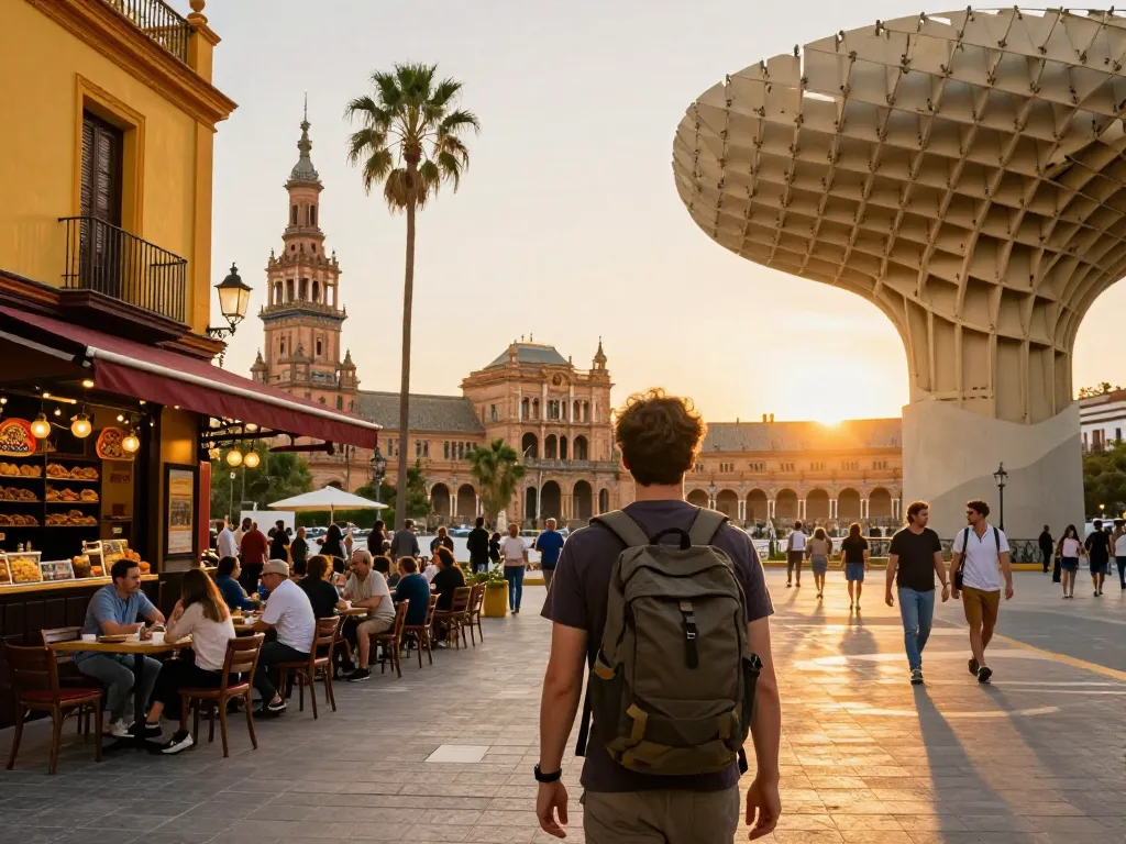 Reisetipps Sevilla: Erkundung lebendiger Straßen und lokaler Kultur in Sevilla während des Sonnenuntergangs.