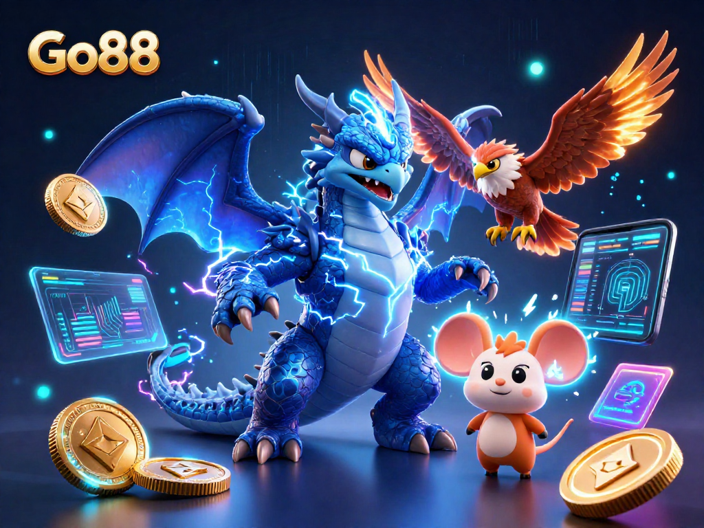 Experience the thrill of Go88 through a vibrant 3D illustration capturing electrifying casino action.