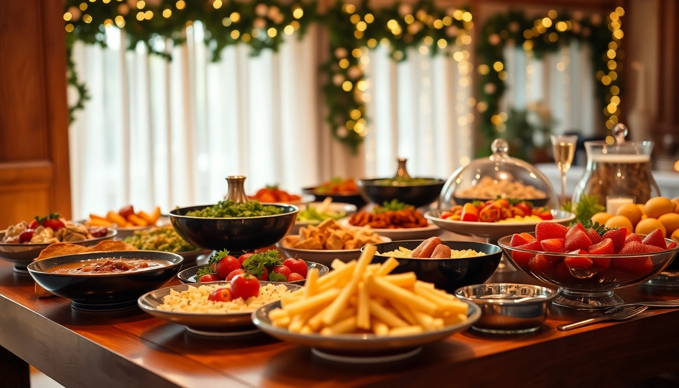 Genießen Sie einen erstklassigen Partyservice mit einer Vielzahl an exquisiten Gerichten auf einem stilvollen Buffet.