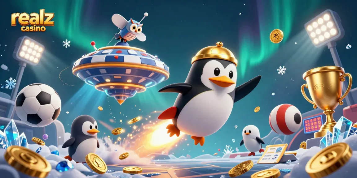 Experience the magic of realz casino with a vibrant 3D space scene filled with festive gaming elements.