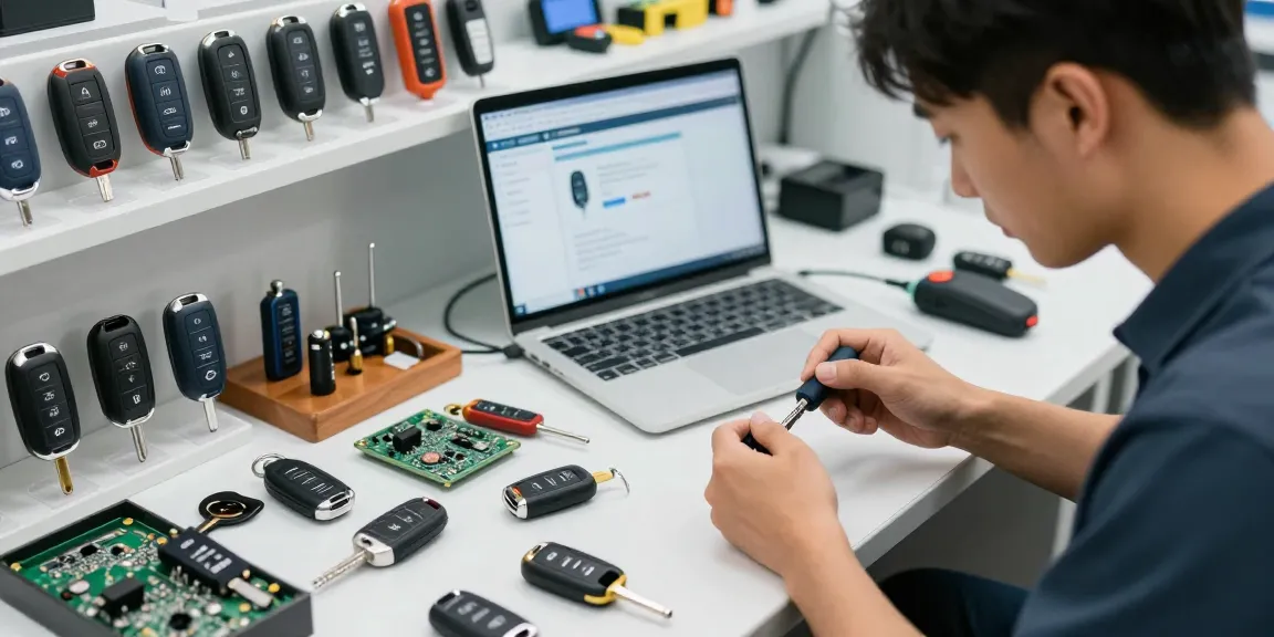 Experte für Autoschlüssel arbeitet an verschiedenen Auto-Schlüsseln und erstellt maßgeschneiderte Lösungen