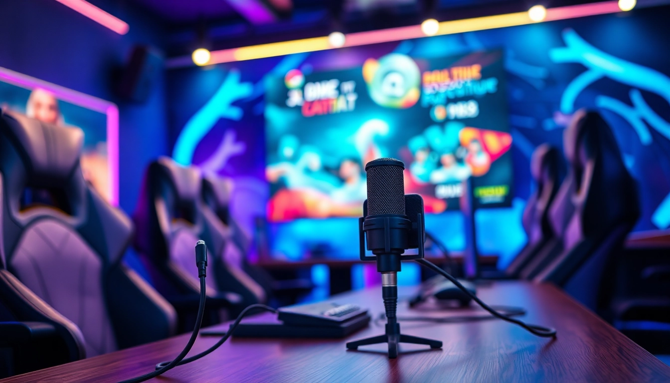 Gaming Podcast setup with colorful microphones and vibrant screens creating an engaging atmosphere.