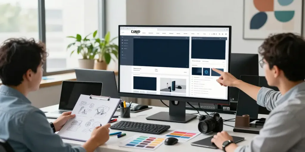 Webdesign Saarland: Kreatives Team entwickelt innovative Weblayouts in modernem Büro.