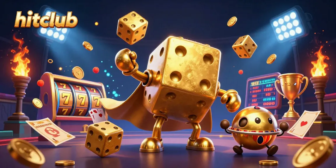 Hitclub brings excitement to life with a dynamic scene featuring golden dice, slot reels, and vibrant game elements.
