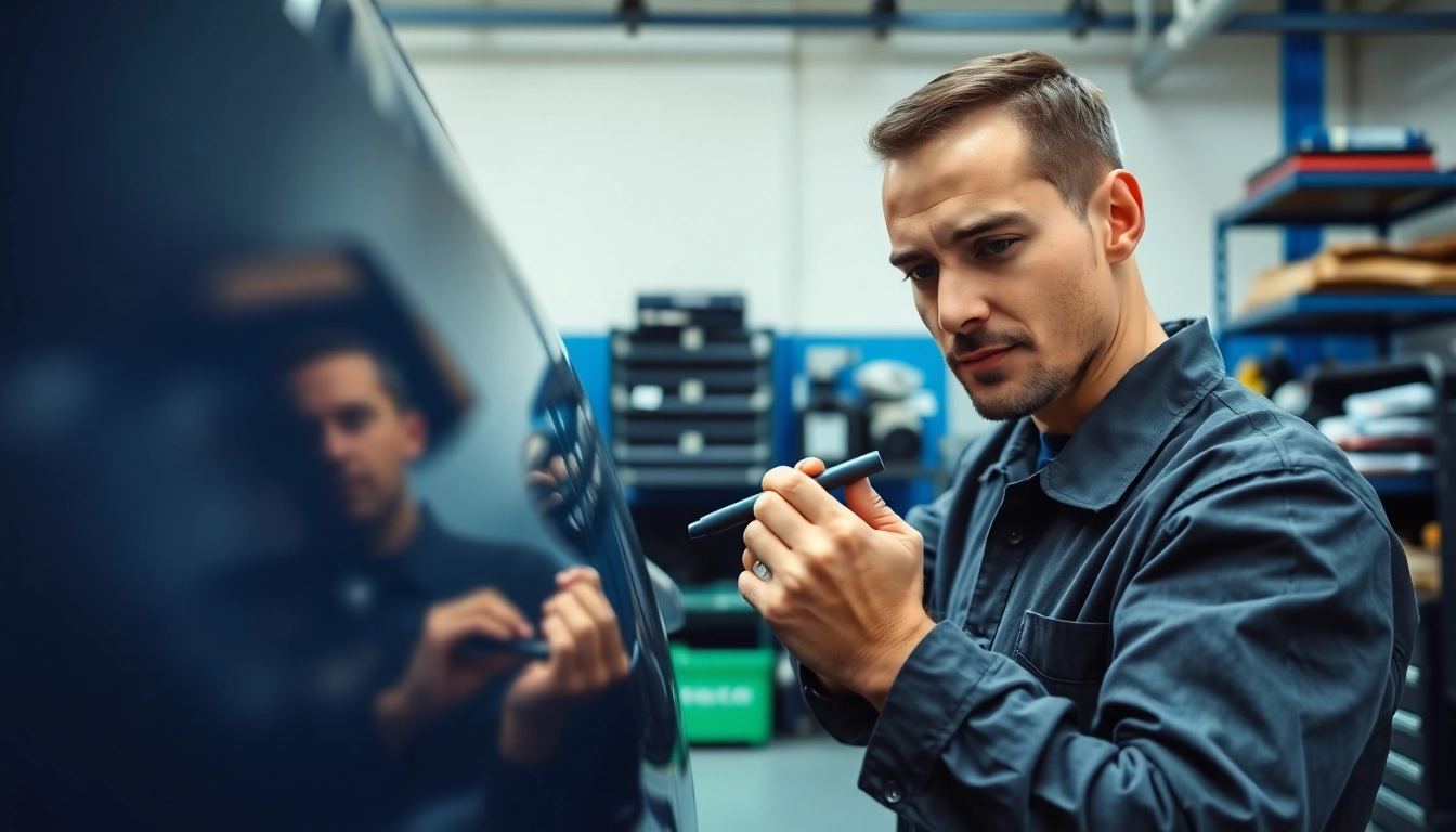 Spot Repair München: Techniker führt eine präzise Lackreparatur an einem Auto durch.