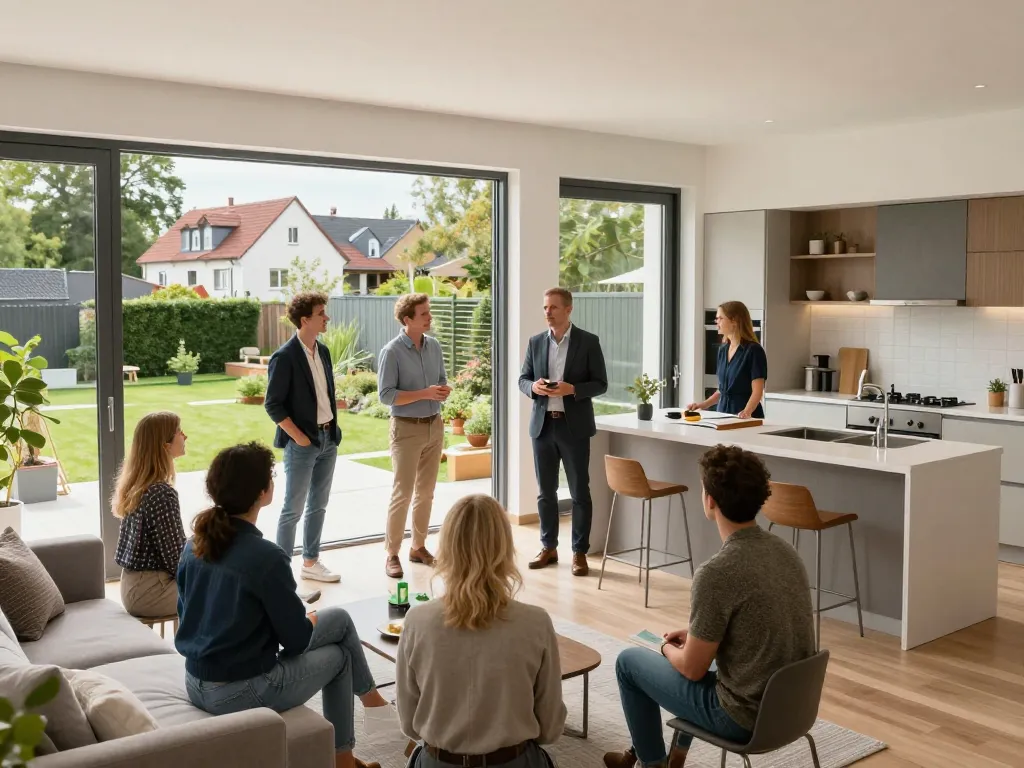 Immobilienmakler Frankfurt Riedberg, der Käufer durch eine moderne Hausbesichtigung in einem lebhaften Viertel führt.