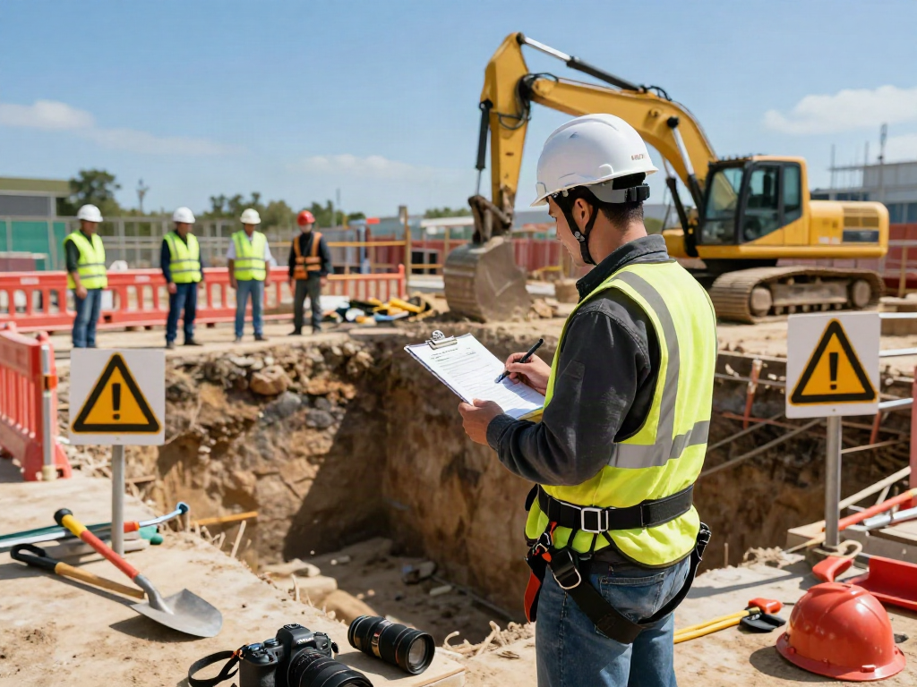 Professioneller Arbeiter prüft die Absicherung der Baugrube mit Sicherheitsausrüstung auf der Baustelle.