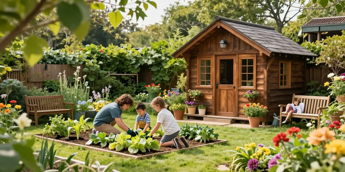 Gartenhaus kaufen: Charmantes Holz-Gartenhaus im Grünen mit Familie und gemütlicher Atmosphäre.