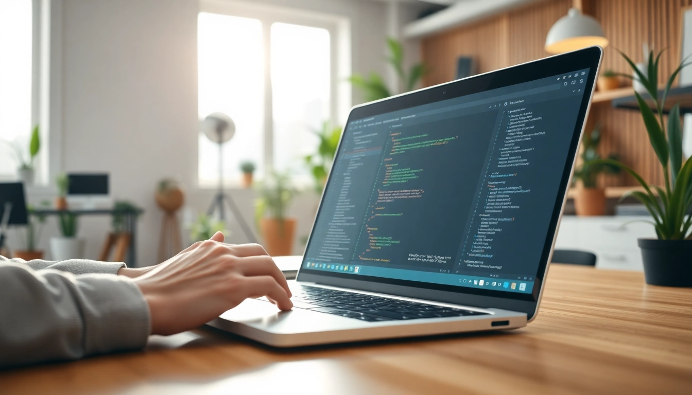 Effiziente Arbeitsweise eines Shopware Entwicklers in modernem Büro mit Laptop und Code-Editor.