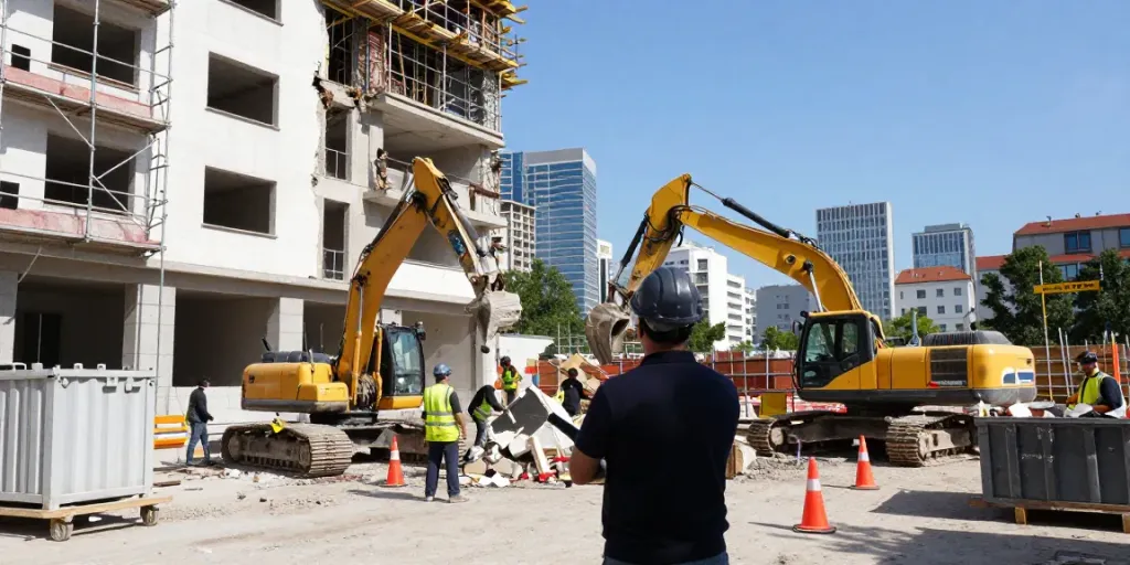 Professioneller Abbruch in Wien, Baustellencrew mit Maschinen am Werk.