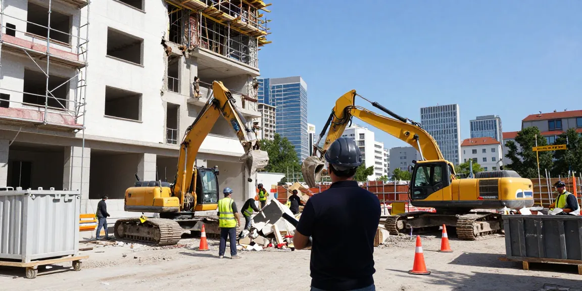 Professioneller Abbruch in Wien, Baustellencrew mit Maschinen am Werk.