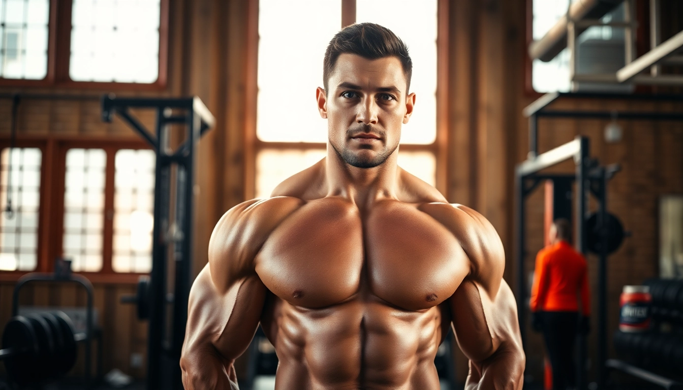 Trenbolon preis: Bodybuilder demonstrating strength in a gym with weights and equipment.