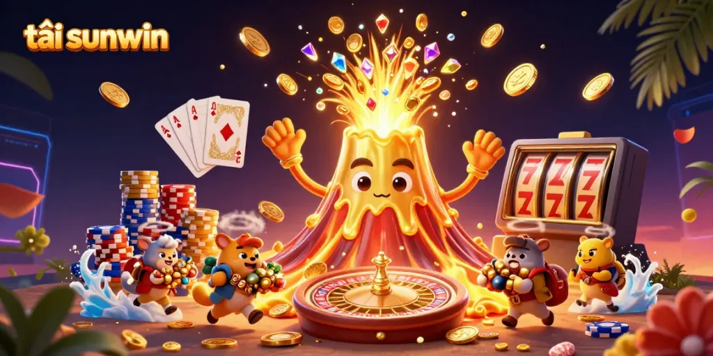 Play and win with tải sunwin as the golden volcano erupts treasures in a vibrant casino scene.