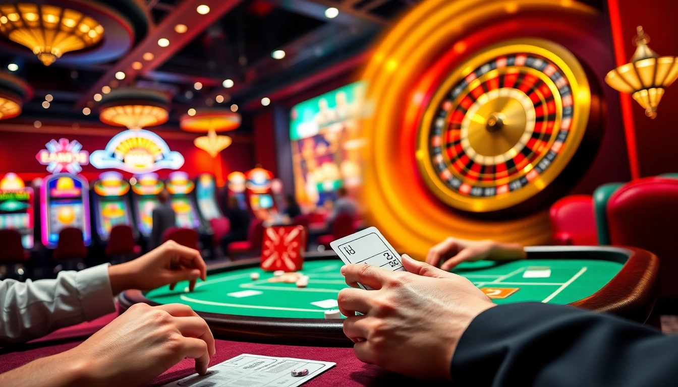 Experience thrilling gameplay at qh88 with poker tables and colorful slot machines in a vibrant casino.