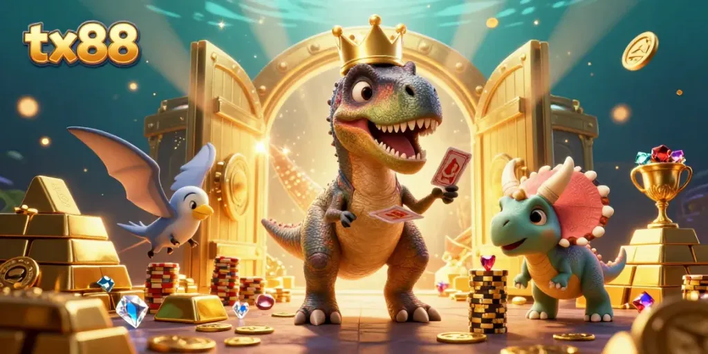 Engage with tx88's thrilling casino experience, featuring a T-Rex shuffling cards with a pterodactyl alongside vibrant game elements.
