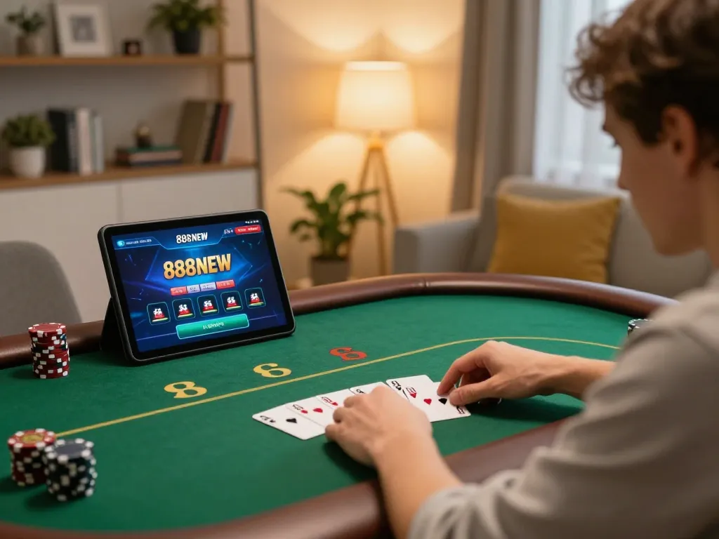 A person playing poker on a tablet with the 888NEW platform in a cozy home setting.
