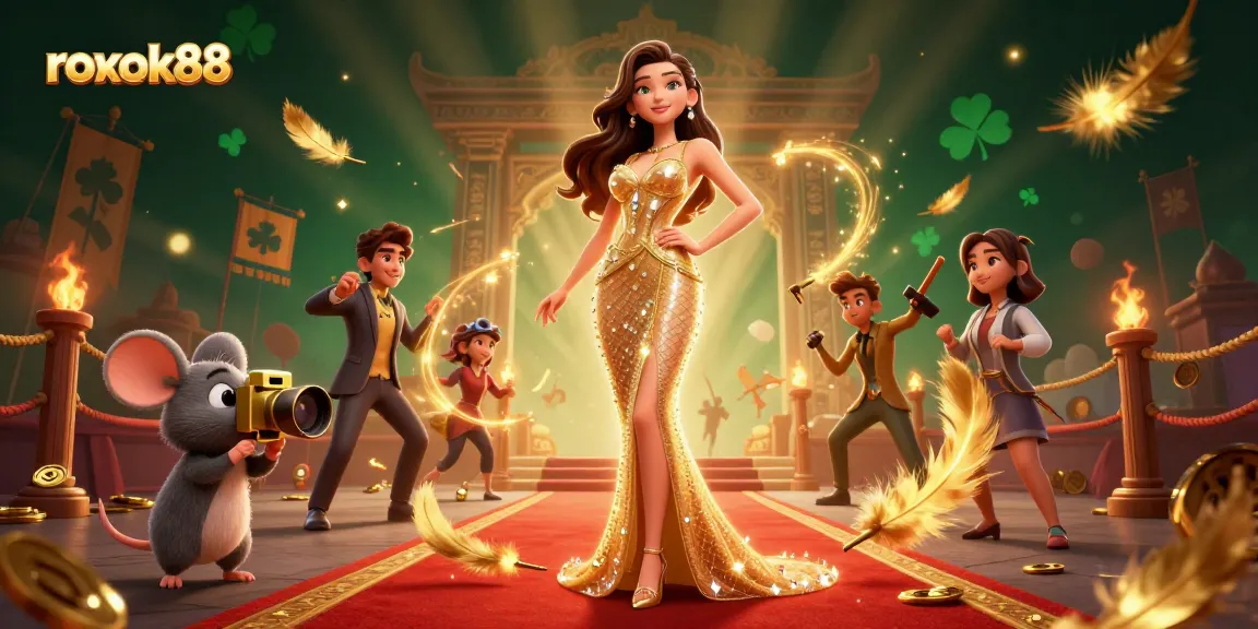 Engage with rokok88’s thrilling casino scene featuring a glamorous woman, golden coins, and vibrant betting elements.