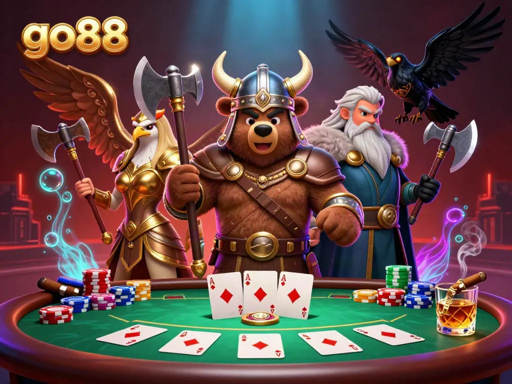 Experience the thrill of go88 with our Viking-themed poker showdown, highlighting dynamic gaming action.
