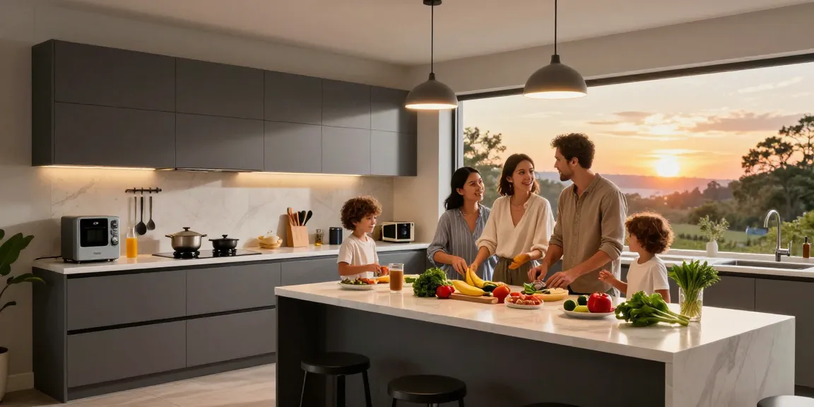 Eine Familie, die gemeinsam in einer modernen Küche mit grafitfarbenen Elementen kocht, perfekt geeignet für möbel direkt bestellen Erlebnisse.