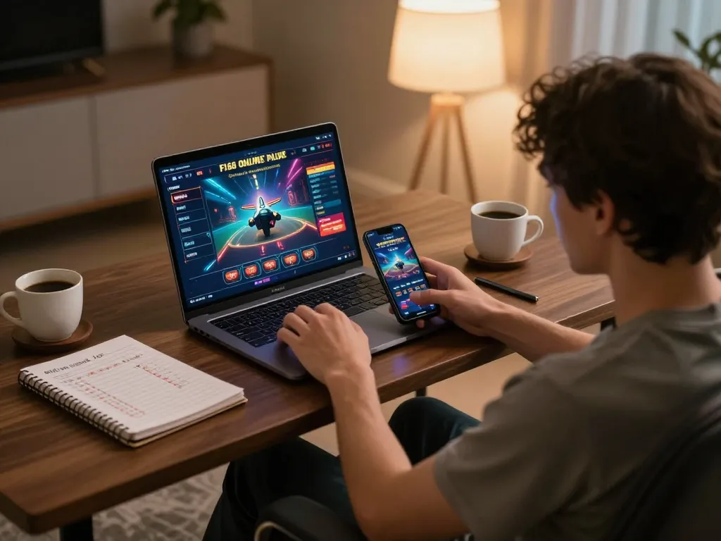F168 player engaging with online casino game on laptop with strategic notes in cozy setup