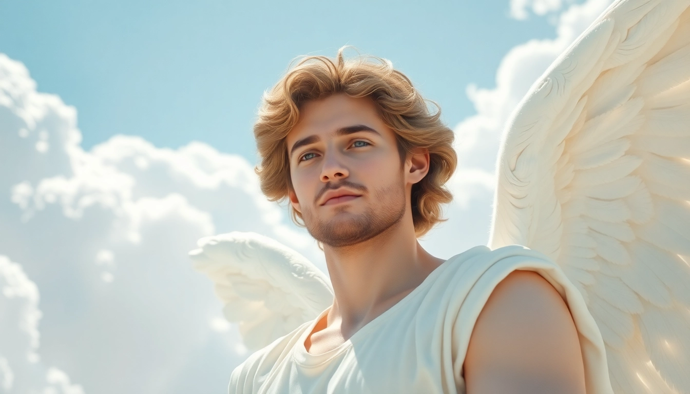 Erzengel Raphael in einem friedvollen himmlischen Umfeld, das Trost und Schutz spendet.