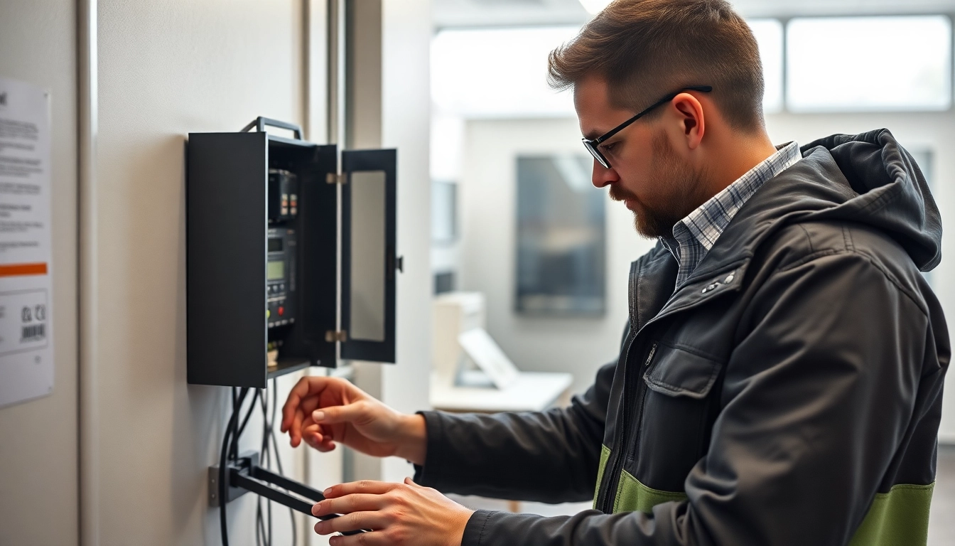 Techniker führt die DGUV V3 Prüfung sicher und fachgerecht an elektrischen Geräten in einem modernen Büro durch.