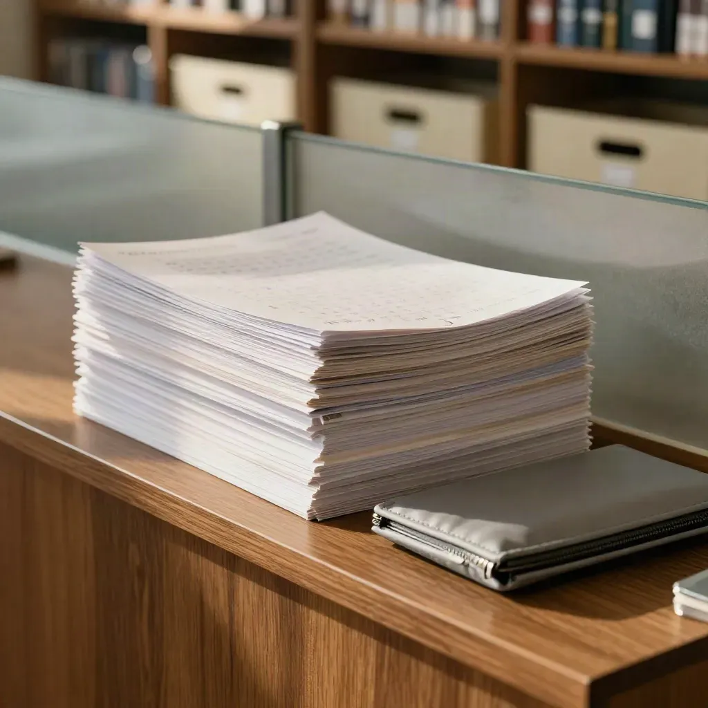 Ordnerhüllen, Kalenderkarten und Klammern auf Walnussholz, bereit für die Uni-Bewerbung.