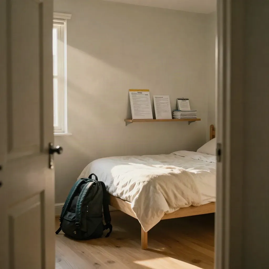 Morgenlicht in einem Studentenzimmer mit gemachtem Bett, Rucksack und Bewerbungsmappe.