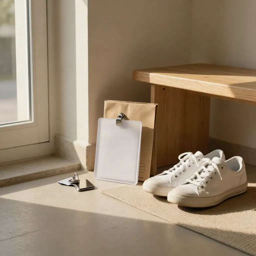 Eingangsecke mit Einschreibungspapieren, Uni-Kartentasche und ausgerichteten Schuhen im Morgenlicht.