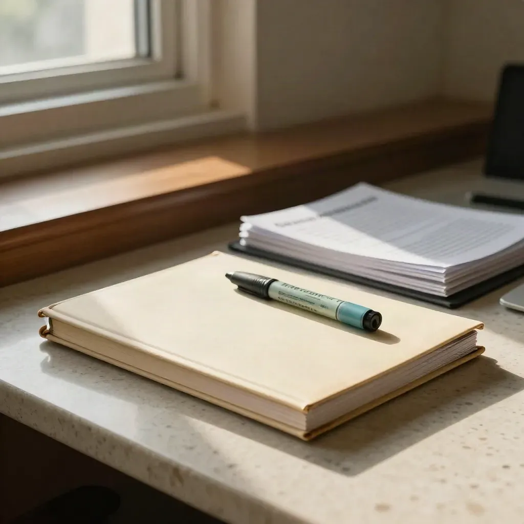 Admissions-Unterlagen mit Freigabemarker auf hellem Steintisch im dramatischen Licht.