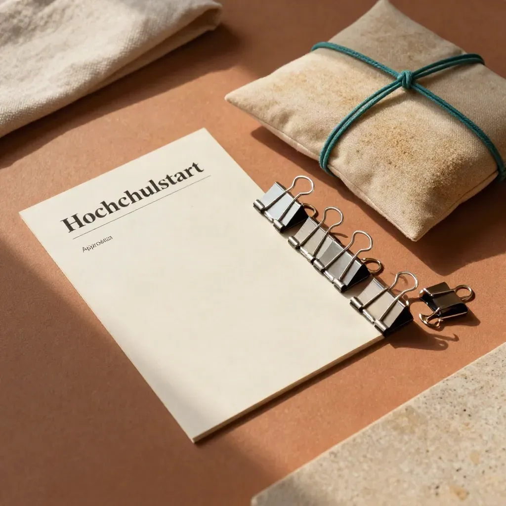 Hochwinkel-Stillleben mit Bewerbungsmappe, Stempelkissen und Metallclips auf Terrakotta.
