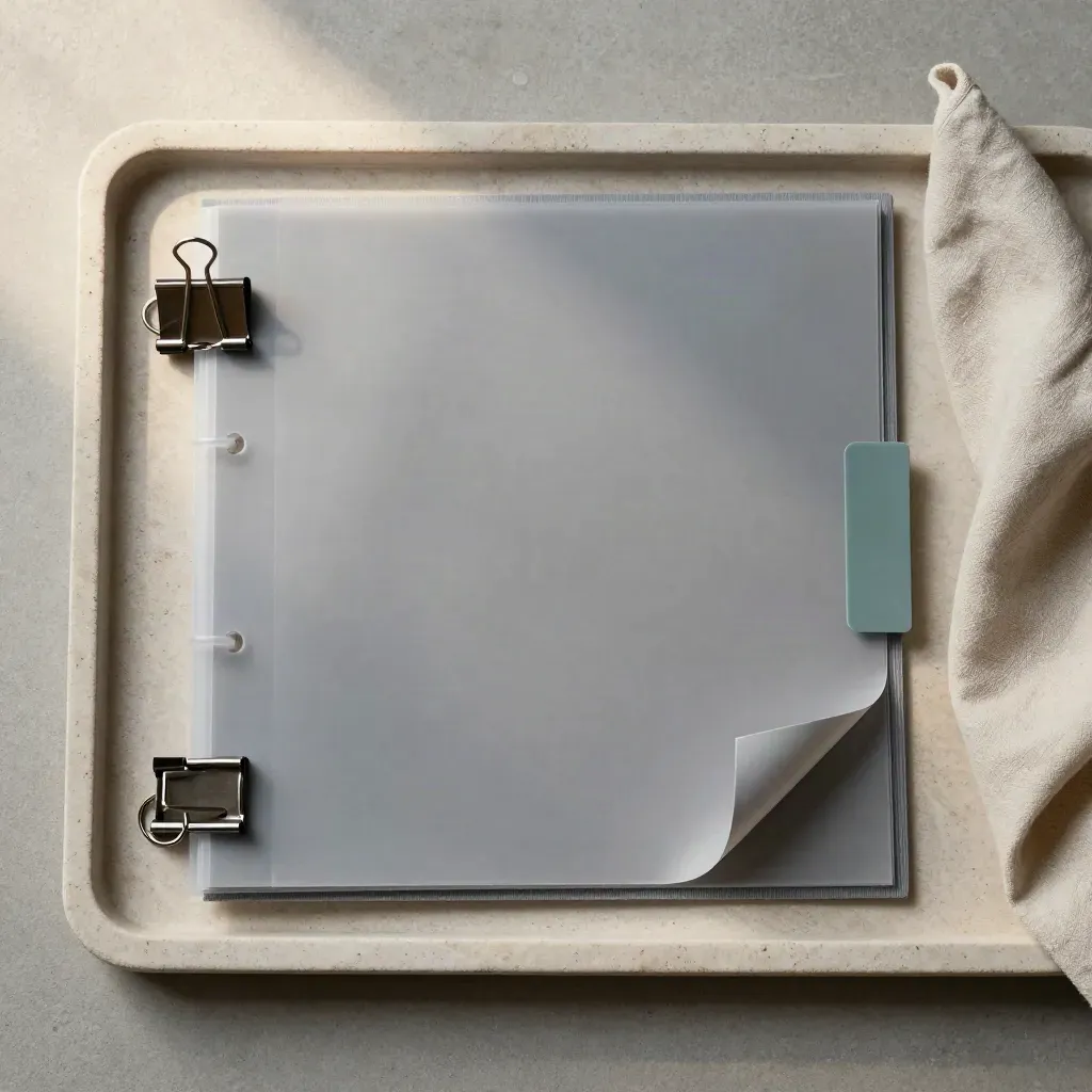 Binder-Ringe, Register und Mappe auf einer Steinschale mit dezentem Türkis-Akzent.